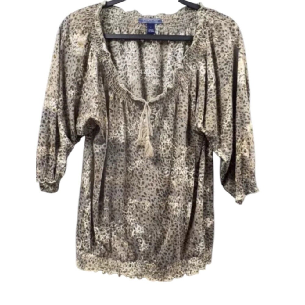 BANDOLINO Women’s Blouse Large Brown Spotted Print Peasant Top 3/4 Sleeve Boho